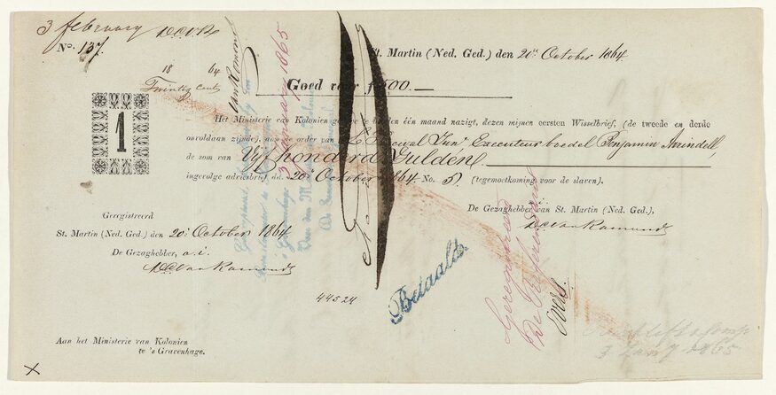 Wisselbrief-schadeloosstelling-afschaffing-slavernij-1863-in-Sint-Maarten252c-Ministerie-van-Koloniën252c-1863-Collectie-Rijksmuseum