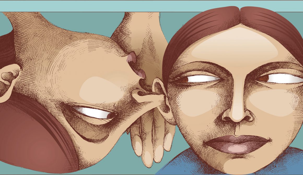 Een illustratie van twee personen tegen een blauwe achtergrond. De persoon links is op de kop getekend fluistert iets in het oor van de persoon rechts.