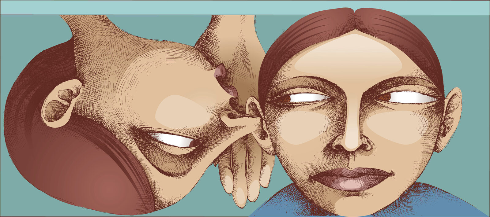 Een illustratie van twee personen tegen een blauwe achtergrond. De persoon links is op de kop getekend fluistert iets in het oor van de persoon rechts.