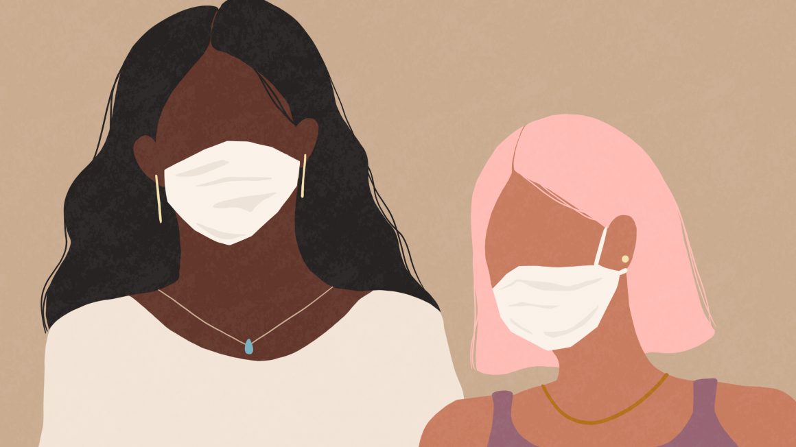 Two women wearing a medical face masks
