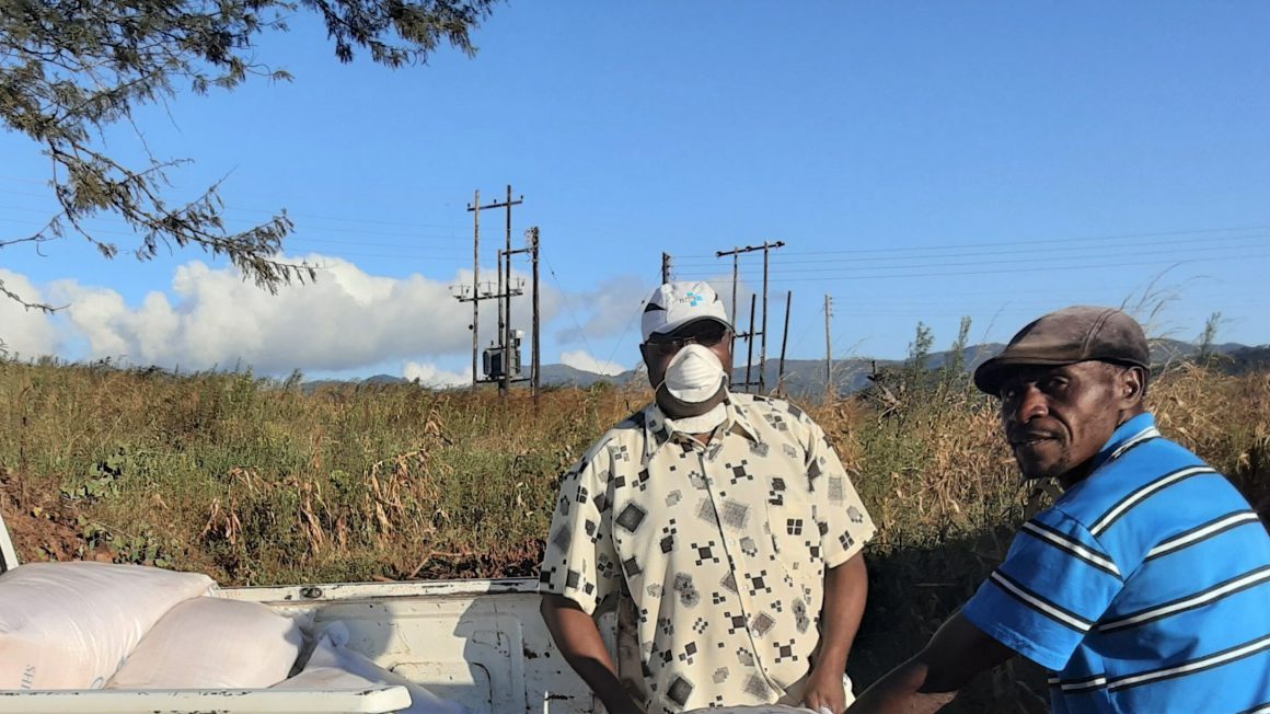 Mutasa South constituency member of parliament MP,Zimbabwe, Regai Tsunga (with mask), distribute food to vulnerable people- Photo courtesy- Regai Tsunga