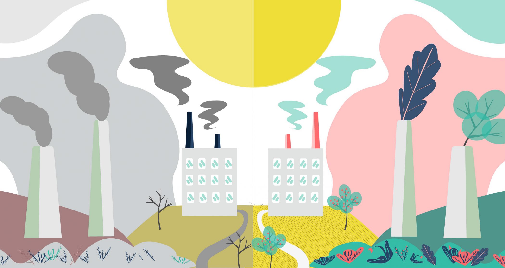 Сarbon neutral. Plant, factory with industrial smog and without dirty polluting, comparison. Concept Sustainable fashion, ethical fashion, Сarbon neutral. Can used in print or poster design, websites