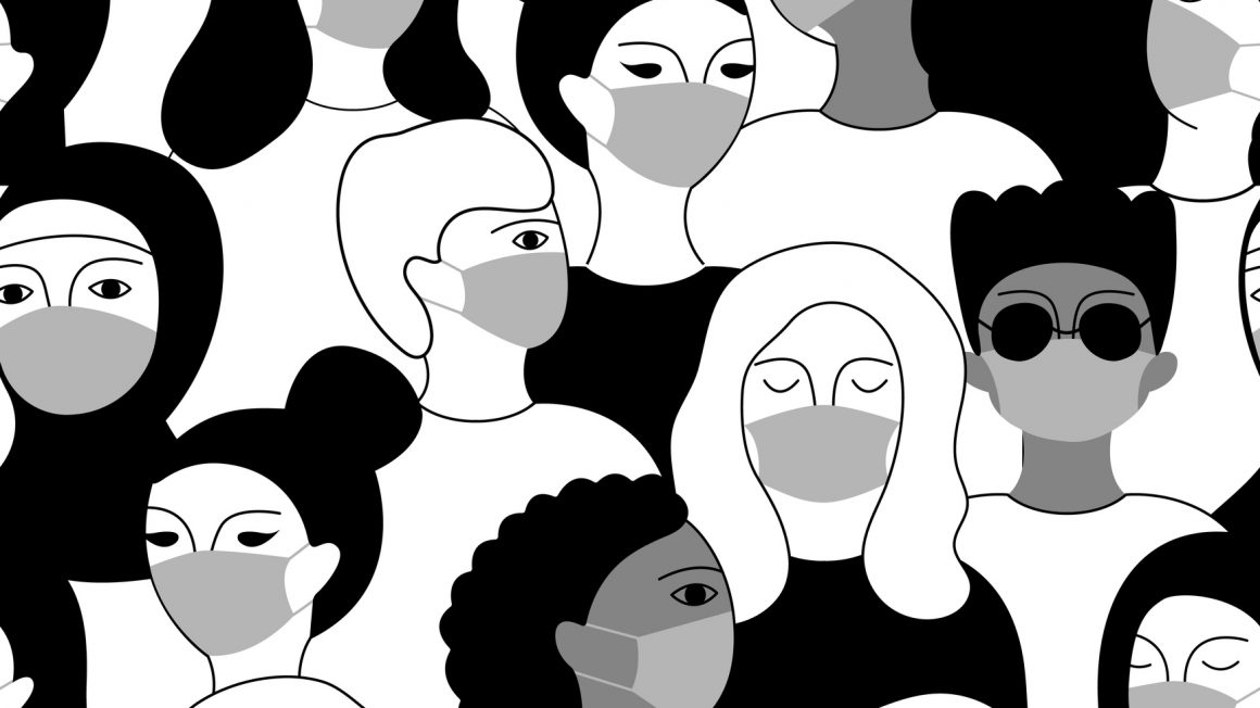 Multicultural group of people in medical face masks. Vector hand-drawn illustration.
