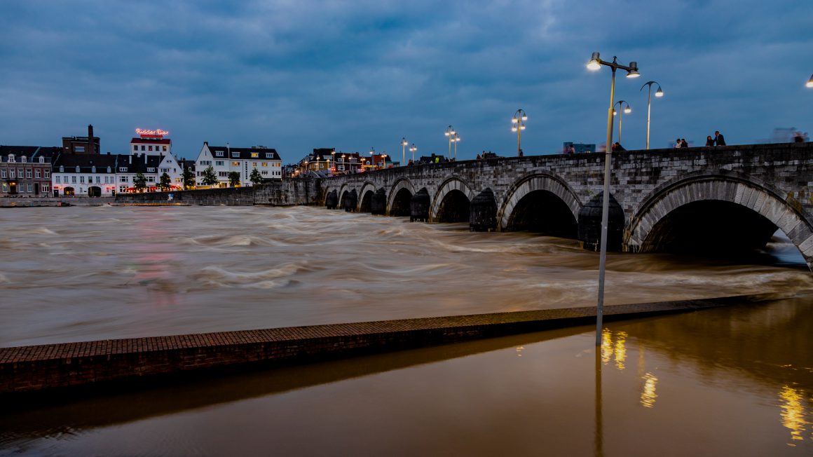 long night exposure of the floods in downtown Maastricht and the historical centre next to the Meuse
