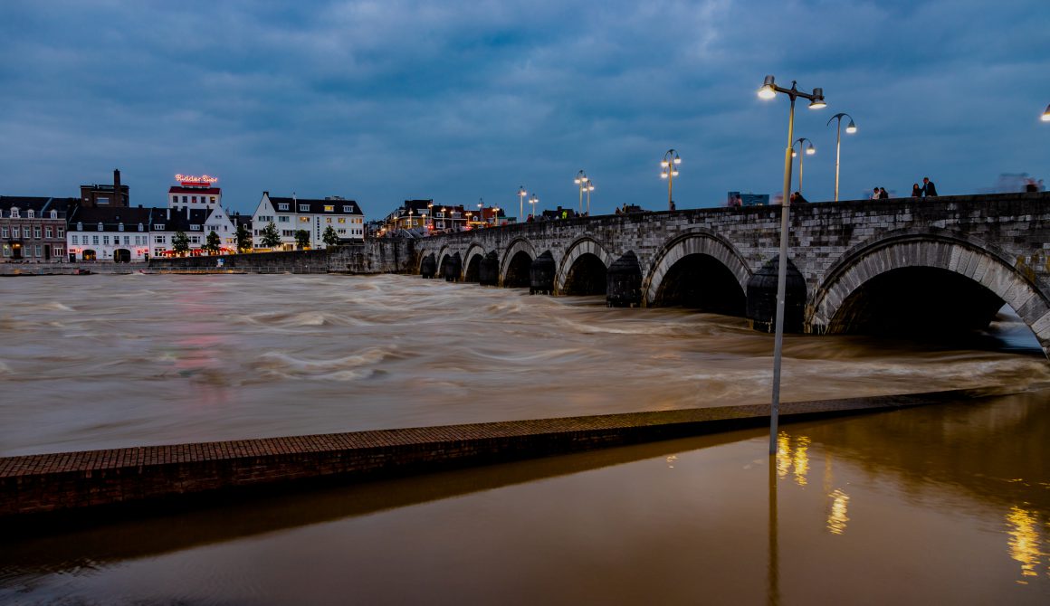 long night exposure of the floods in downtown Maastricht and the historical centre next to the Meuse
