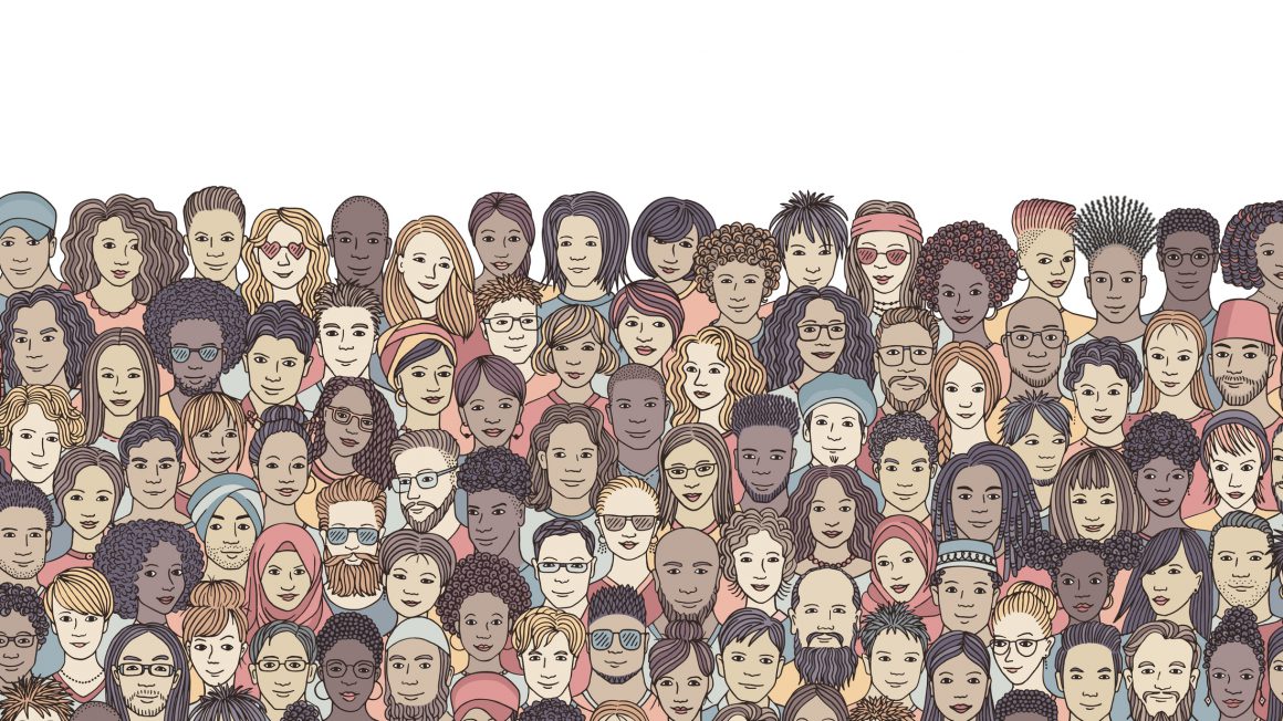 Een illustratie van een zeer diverse mensenmassa, met mensen met verschillende huidskleuren en haardrachten.