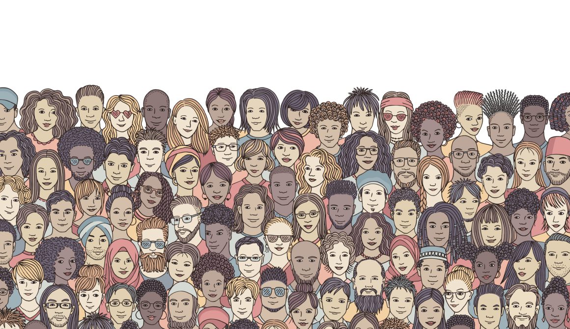 Een illustratie van een zeer diverse mensenmassa, met mensen met verschillende huidskleuren en haardrachten.