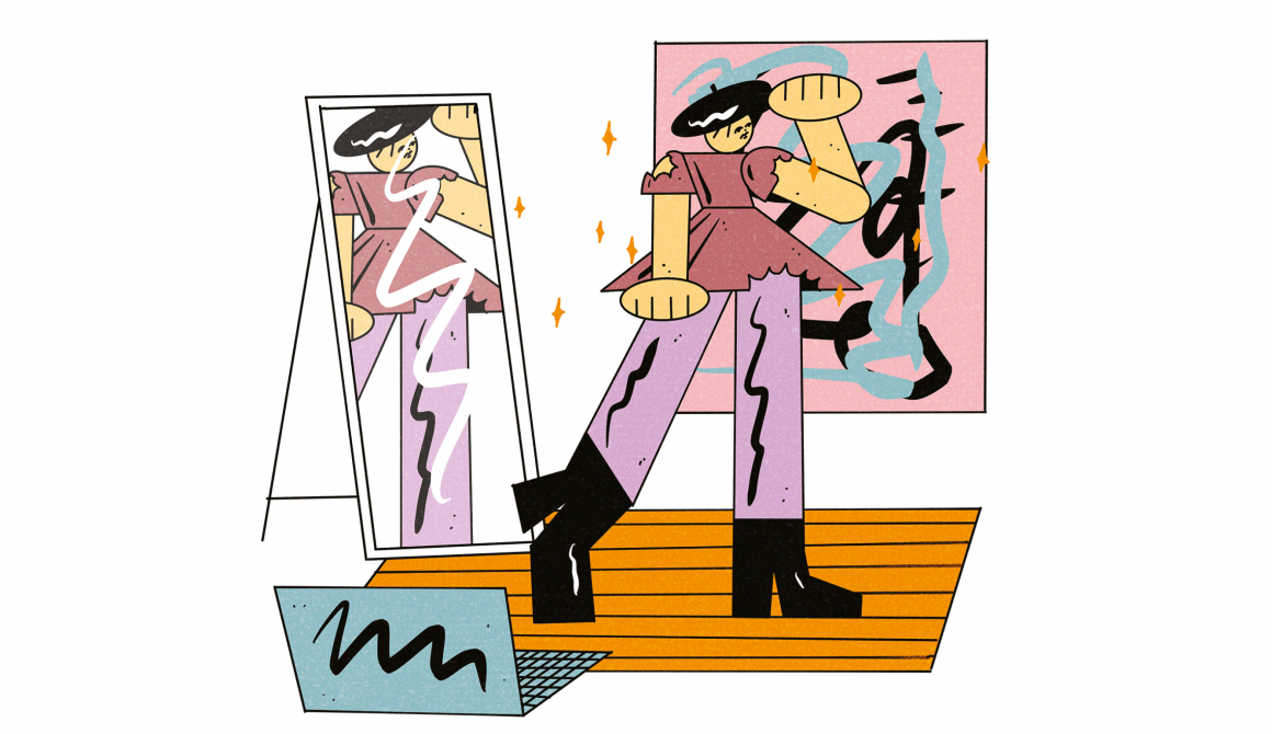 Een illustratie van een poppetje met een donkerroze top en een lichtpaarse broek dat in de spiegel kijkt. Die spiegel staat links van het poppetje. Achter het poppetje hangt een kleurrijk tekening met roze, zwart en lichtblauw. Voor het poppetje is een laptop op de grond getekend.
