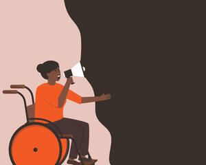Een illustratie van iemand in een rolstoel, die door een megafoon spreekt.