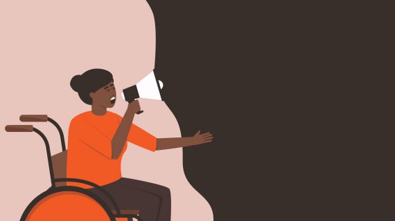 Een illustratie van iemand in een rolstoel, die door een megafoon spreekt.