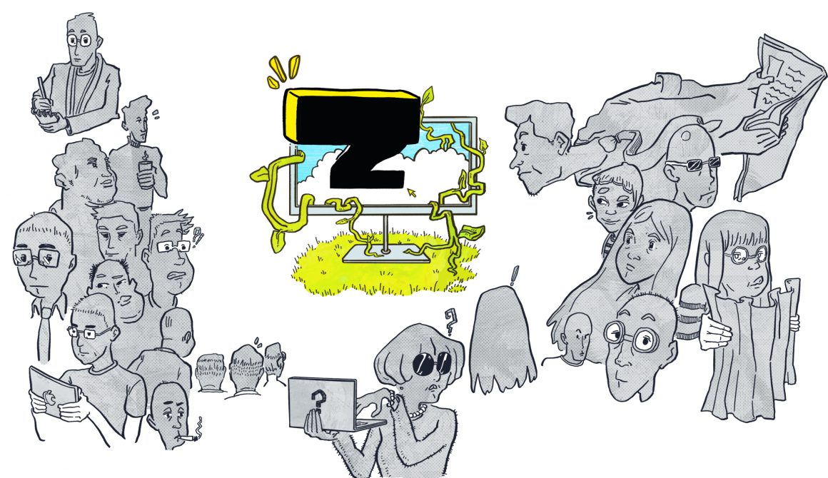 Een illustratie van verschillende mensen rondom een computer waarop groot een letter Z te zien is. Ze kijken verbaasd en om zich heen, lezen kranten en hun telefoon.